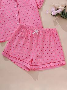 Conjunto de pijama de 2 piezas para mujer de talla grande con estampado de corazón pequeño, camisa con botones de manga corta y pantalones cortos, ropa informal para verano