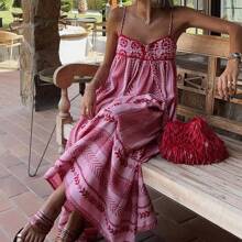Women Boho Maxi Dress Crochet Patchwork Sleeveless Spaghetti Strap Long Flowy Swing Dress Backless Tassels Maxi Dress ​Beach Sundresses - 粉色 - 查看 7