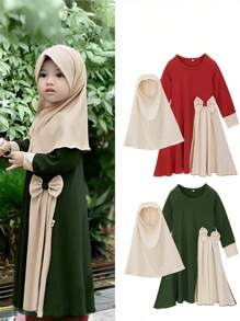 2pcs/Set Girls Spring/Autumn Long Sleeve Bowknot Dress + Headscarf, Cute Elegant Dress For Little Girls, Red And Green, Fashionable Outfit For Photos, Stretchy And Beautiful, Suitable For Middle East
