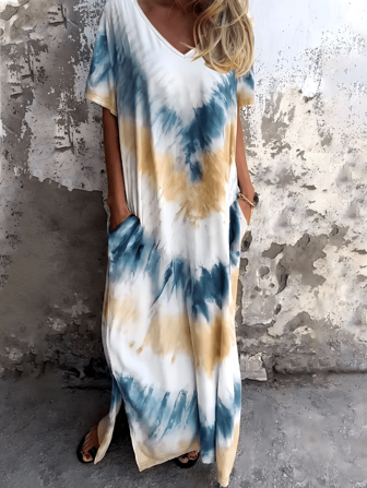 优雅大码女式 V 领扎染口袋连衣裙，弹力平纹针织面料轻质春夏系列