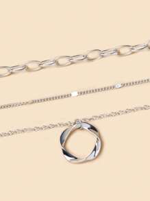 1件装多层堆叠极简夸张街头风金属镂空圆环吊坠合金项链，适合派对、度假、送礼和日常佩戴 - 銀色 - 查看 3