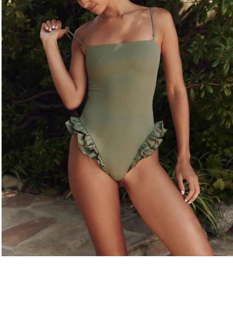 Women Monokini Bathing Suit Solid Color Spaghetti Strap Ruffles Sleeveless Swimsuits Summer Swimwear Bikini - Green - View 1