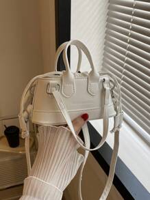 Fashionable Solid Color PU Drawstring Mini Handbag, Metallic Color Crossbody Shell Bag For Women - White - View 2