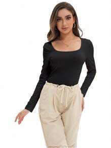 QGEMANWU Women's Long Sleeve Round Neck Ribbed Knit Fitted Casual Top Slim Basic Shirt - màu đen - Xem 3