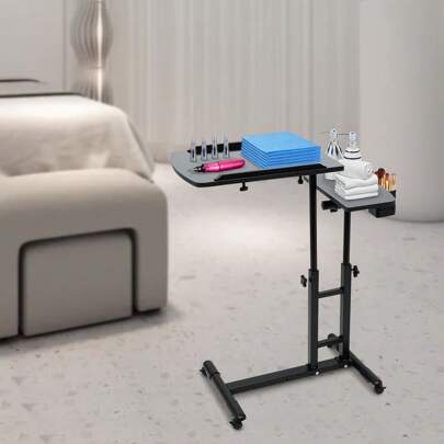 Tattoo Table Station Tattoo Workstation - 64x40cm (25,2x15,75 pollici), Doppio piano di lavoro, Ruote universali, Altezza regolabile da 57,5-90cm (22,64-35,43 pollici) - Carrello mobile portatile con area di stoccaggio, bracciolo e vassoio per studi di tatuaggi, Nero