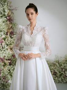 Vestidos de baile glamorosos, nobres, com decote em V, estilo Bridgeton, vintage, renda branca, manga comprida, para mulheres, elegantes, linha A, vestidos de noiva com cauda, temporada de casamentos, noiva