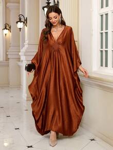 Elegant Women's Gold Satin Kaftan Robe, Batwing Sleeve Casual Dress Spring - 棕色 - 查看 8