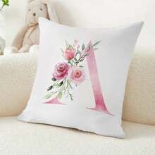 1pc Alphabet Floral Pillow Cover - A To Z English Letters Pink Print, 18x18 Inches - Contemporary Throw Pillow Case For Sofa, Living Room, Bedroom Decor - Single-Sided Printing, No Insert - For Home Decor Enthusiasts