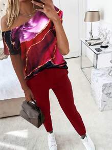 2pcs Set: Casual Printed Short Sleeve T-Shirt & Long Pants - Burgundy - View 1
