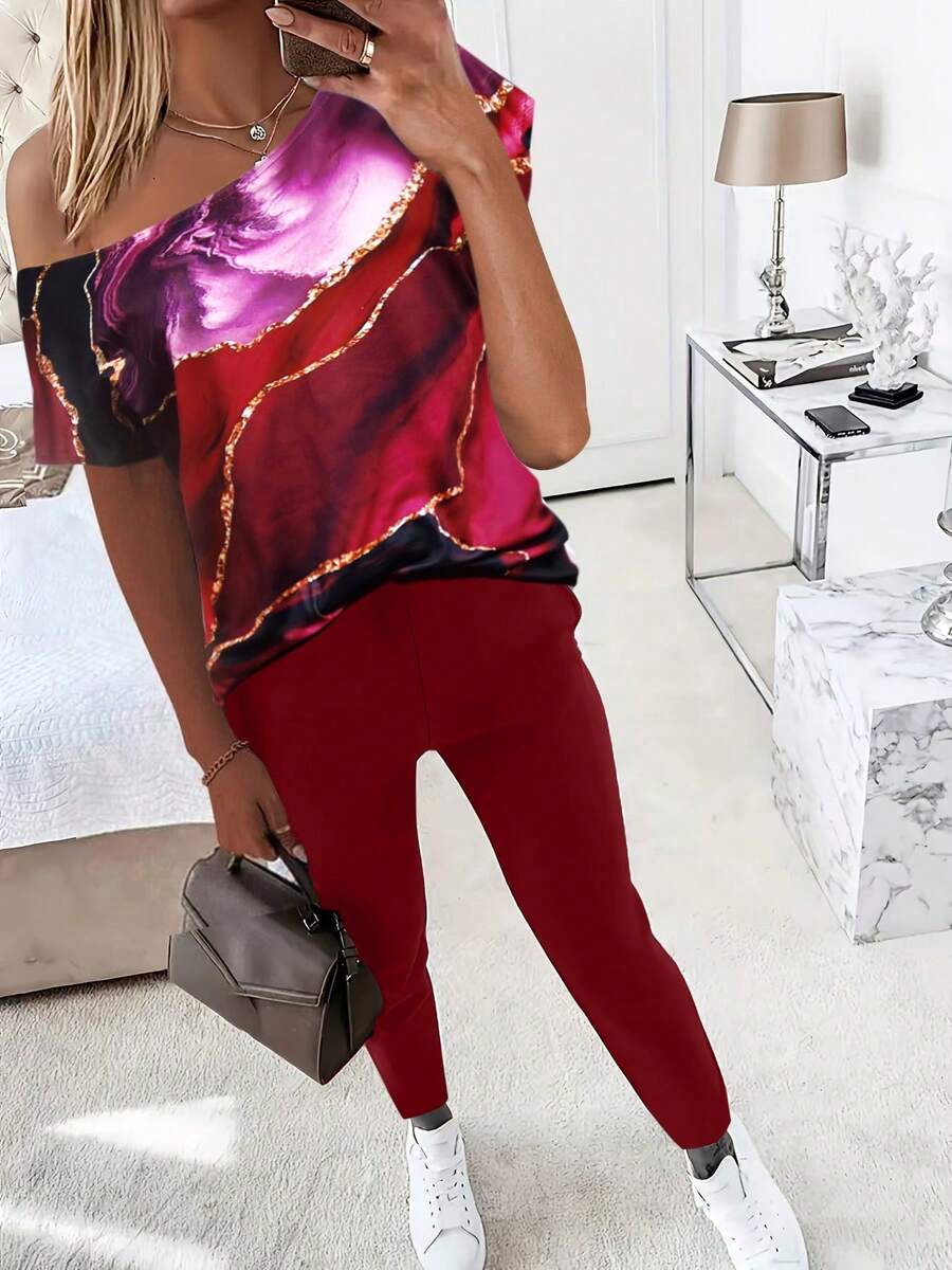 2pcs Set: Casual Printed Short Sleeve T-Shirt & Long Pants - Burgundy - View 1