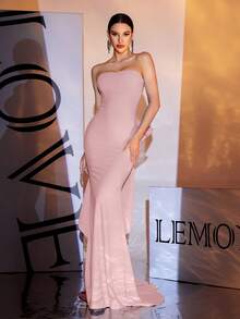 粉色露肩及地蝴蝶结礼服，派对礼服，长袍，适合晚会、婚礼宾客 - 粉色 - 查看 4