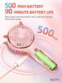 AOYI 1 件睫毛 500mAh 可充电手持迷你风扇，带 3 档调节、长按 LED 灯、USB 充电线 - 彩色 - 查看 3