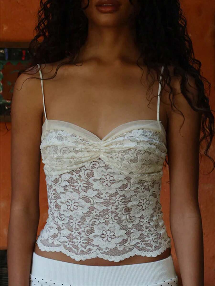 Women's Y2K Lace Floral Cami Tank Tops Spaghetti Strap Ruched Front  Slim Fit Mesh Camisole Crop Tops Sexy Backless Sleeveless Vests Shirts Teen Girls Going Out Tops Aesthetic Clothes Club Streetwear - 白色 - 查看 1