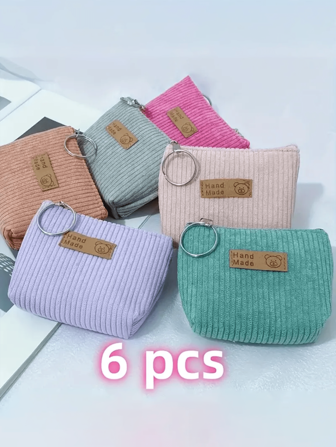 Set Of Six Stylish Mini Corduroy Coin Purses With Keychains - Casual And Fashionable, Perfect For Storing Keys, Data Cables, Coins, And Rings - Easy To Clean And Washable - Available In Multiple Colors. A Perfect Gift For Friends, Offering Great Value For Money. (See Also: Data Cables, Minimalist Mini Bags, Sanitary Napkin Bags, Menstrual Bags, Cosmetic Bags, Holiday And Winter Cosmetic Storage Bags, Back-To-School Supplies)
