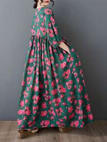 AZAH 2026新款波西米亚风沙滩连衣裙，夏季复古碎花宽松中长连衣裙，大码女士休闲优雅绿色碎花连衣裙，睡衣内衬，随机印花 - 綠色 - 查看 8