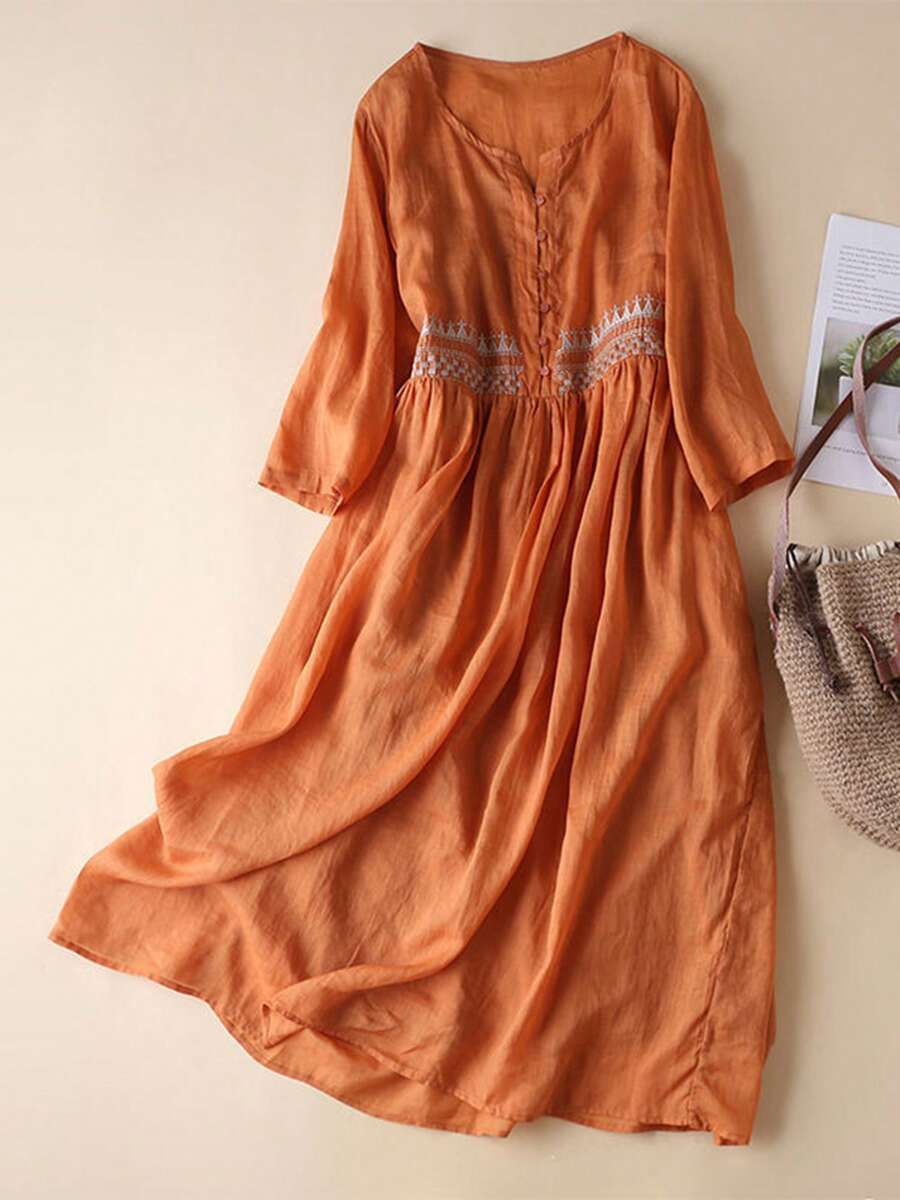 Women Summer Dress Casual Vintage Embroidery 3/4 Sleeves Midi Dress For Cocktail Vacation Club Streetwear - 橘色 - 查看 1