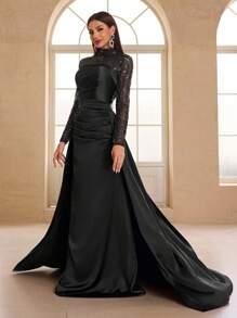 YISIKADO 女士优雅奢华网纱亮片高领长袖缎面可拆卸披肩晚礼服婚礼黑色春季派对 - 黑色 - 查看 6