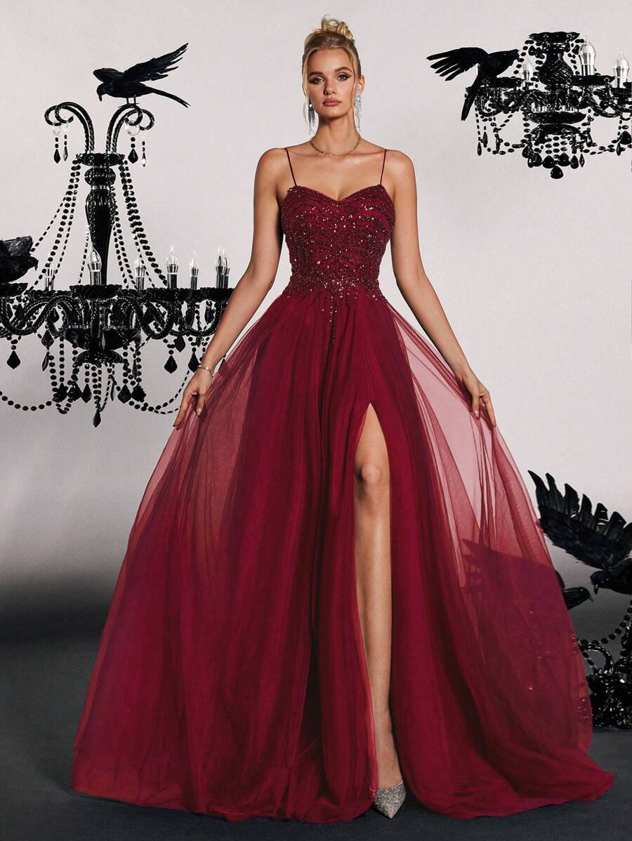 Elisanya 迷人的红色串珠薄纱高开叉细肩带晚礼服，闪亮长款礼服，女士奢华舞会礼服，A 字形礼服，派对服装，礼服，优雅礼服，适合婚礼宾客 - 酒紅色 - 查看 1