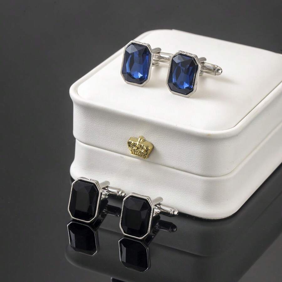 1 par de gemelos de estilo empresarial casual y elegante con diseño geométrico de vidrio para hombres, adecuados para novio y padrinos, camisa de traje, regalo para el Día del Padre y la temporada de bodas (sin caja de regalo) - Plateado - Ver 1