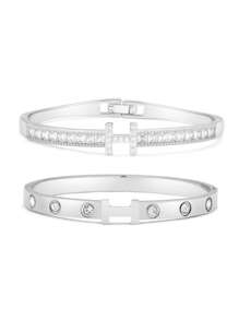 Fashion Stainless Steel H-Shaped Cubic Zirconia Bangle, Suitable For Daily Wear And Holiday Gift Set