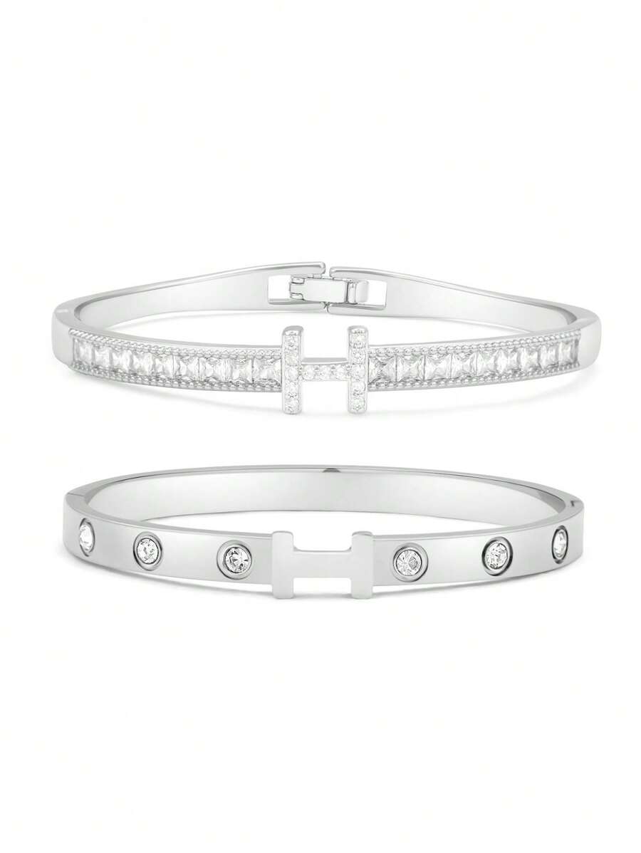Fashion Stainless Steel H-Shaped Cubic Zirconia Bangle, Suitable For Daily Wear And Holiday Gift Set