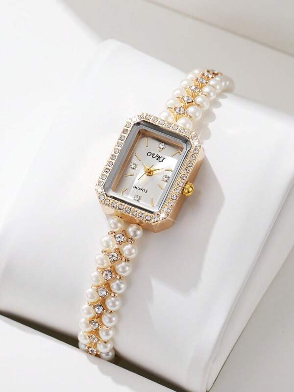 1pc Women's Pearl & Rhinestone Decorated Watch Band With Rhinestone Dial Elegant Quartz Bracelet Watch, Excluding Watch Box