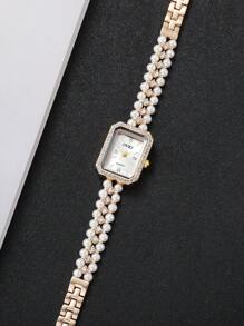1pc Women's Pearl & Rhinestone Decorated Watch Band With Rhinestone Dial Elegant Quartz Bracelet Watch, Excluding Watch Box - 金色 - 查看 6