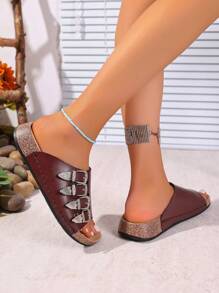 Women's Fashion Slip-On Sandals, Coffee Minimalist Buckle Decorated, High-End Casual Beach Slippers For Summer - Coffee Brown - View 5