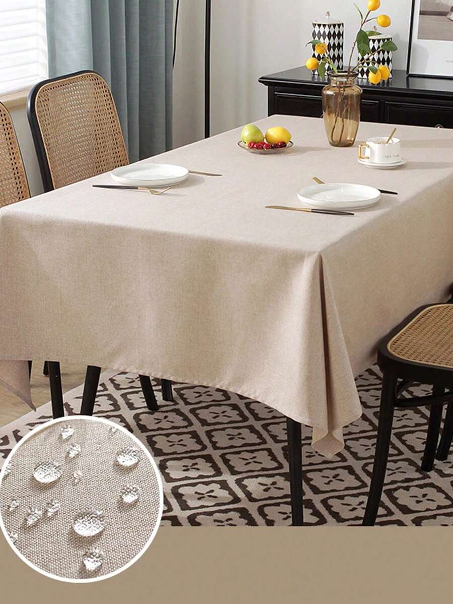 1pc Waterproof, Oil-Proof, Wrinkle-Resistant Linen Table Cloth, Wedding & Daily Table Decoration - Beige - View 1