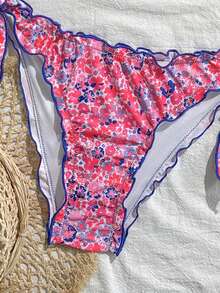 Women's Cute Floral Lace Pleated Bikini Two Pieces Set, Suitable For Summer Island Vacation Swimming