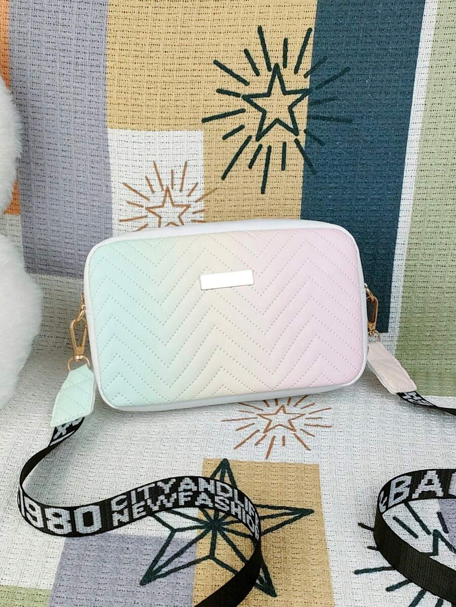 1 件女士彩色绗缝 V 形压花迷你方形斜挎包，时尚百搭单肩包/邮差包，带金色五金装饰 - 彩色 - 查看 1