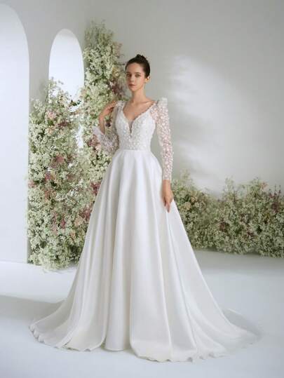 Elasola 魅力深V领3D立体蕾丝佛罗伦萨缎面草坪婚礼晚宴女士礼服，长袖白色仙女风新娘婚纱，情人节