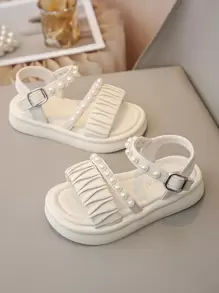 1 Pair Girls/Children Comfy Lace Bow Decor Princess Party Flat Toe Loop Sandals, Suitable For Summer