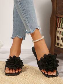 Sandales plates à enfiler femme grande taille confortables à imprimé floral et ouvertes sur les orteils, casual et pour l'extérieur, la plage, l'été - Noir - Voir 8