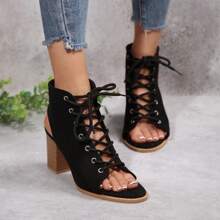 Women's Fashion Peep Toe Lace-Up Thick Heel Black Sandals, Versatile & Heightening