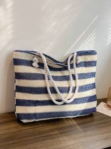 New Large Capacity Woven Stripe Straw Bag Beach Style Weaved Basket Tote For Women With Shoulder Strap Color Block Woven Straw Bag For Women, Large Capacity, Perfect For Vacation Beach & Daily Shopping, Vacation Essentials, Perfectly Matching With Beach Accessories Women - Blue - View 2