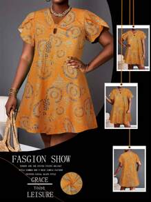 Europe And The United States Holiday Style Summer New V-Neck Simple Pattern Printed Casual Black Style Short-Sleeved Women's Plus-Size Dress - Burnt Orange - View 3