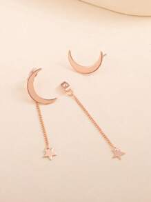 1 Pair Rose Gold Moon & Star Design Front & Back Earrings
