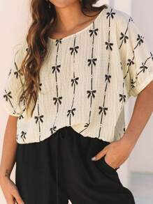 Scacto Pullover Round Neck Short Sleeve Top For Women Sweet Style Bowknot Print Chiffon Blouse For Women - Màu be - Xem 3
