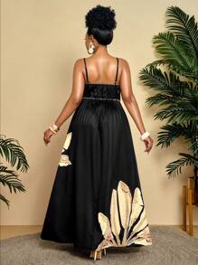 Women's Plus Size Spring/Summer Tropical Printed Off Shoulder Holiday Dress - Strolling By The Seaside, Exuding Charming Charm In Women's Summer Dresses, Business And Leisure Elegant Clothing - 黑杏色 - 查看 6