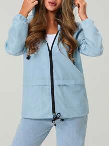 Women Packable Rain Jacket, Outdoor Hooded Windbreaker With Adjustable Drawstring - 藍色 - 查看 3
