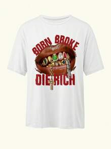 Born Broke Die Rich Lips Alphabet Printed Women's Tops Heavy Metal Wear Street Fashion T-Shirt Round Neck Short Sleeve Loose Apparel Summer Promotions Men And Women Can Wear Daily Casual Wear - White - View 6