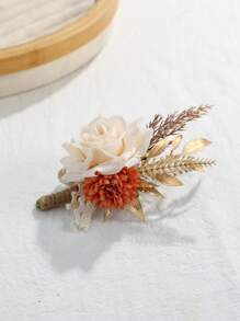 1pc Champagne Rose With Orange Daisy Faux Floral Boutonniere, Suitable For Groom, Bride, Wedding Decoration, Banquet, Party, Events