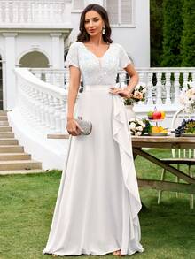 MIUSOL Deep V-Neck Contrast Sequin Lace Ruffle Trim Chiffon Formal Party Maxi Dress - White - View 5