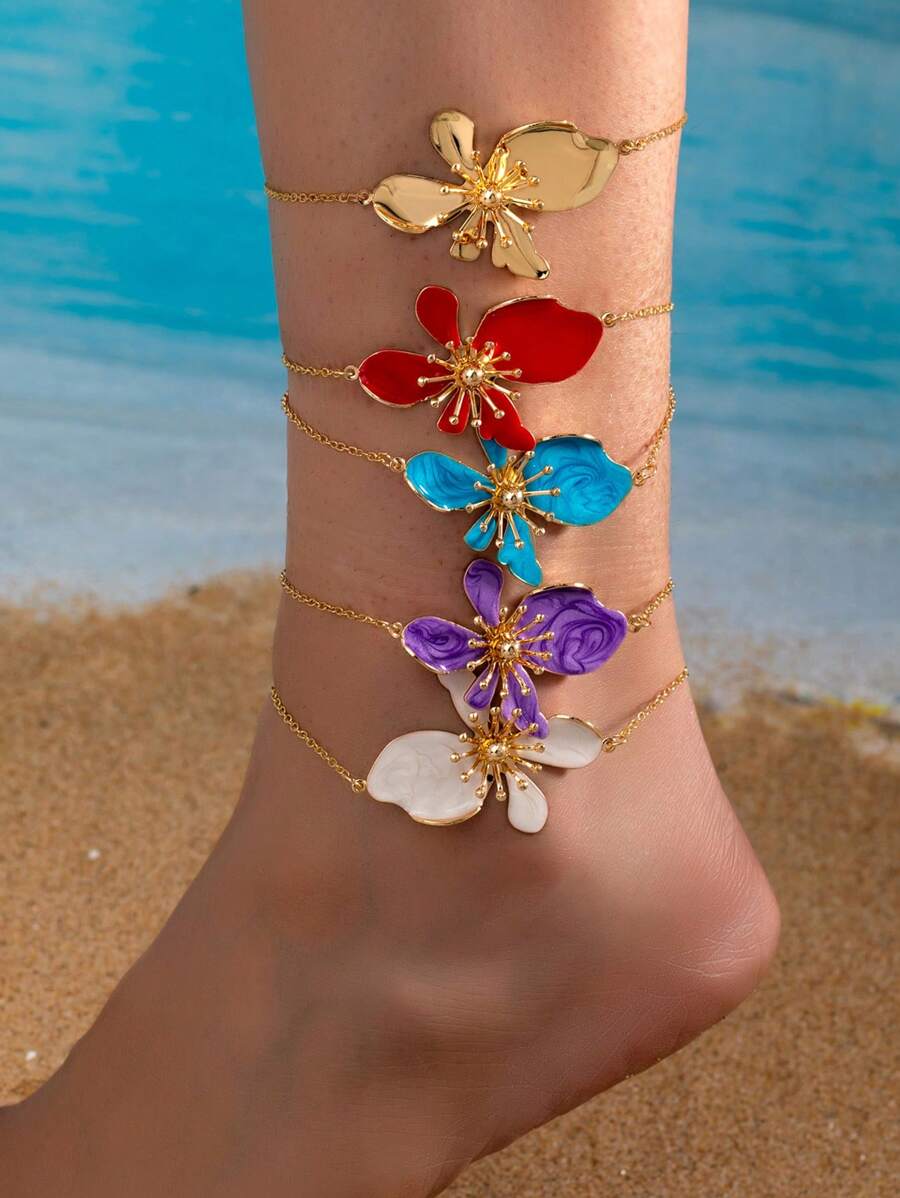 1pc Fashion Bohemian Enameled Metallic Flower Pendant Anklet, Suitable For Ladies Daily And Holiday Outfits - Flowers - View 1
