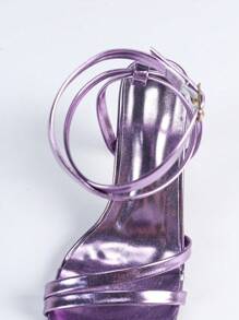 Spring/Summer Women's Solid Color Fashionable High Heel Sandals, Purple Heels With Ankle Strap, Thin Heels, Open-Toe Criss-Cross Strap Sandals, Elegant Versatile Party Shoes - Purple - View 9
