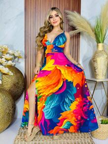 Maxi vestido tirantesEstampado IntegralPlantasHojaBohemioEleganteTela no tejidaAbertura altaABERTURASVestido largoPlayaJardínCalle - Abstracto colores - Ver 2