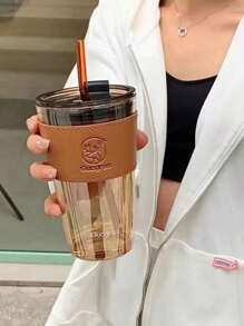 1 件琥珀色鹿形玻璃杯，带吸管和保护套，非常适合盛放咖啡和饮料