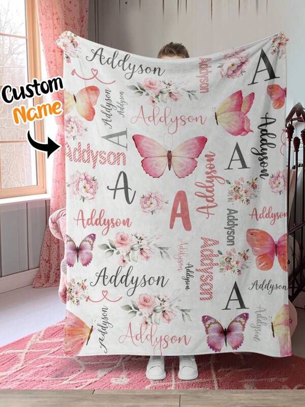 1pc Custom Blanket With Text Elephent Flannel Print Blanket, Pink Or White Soft And Comfortable Blanket, Suitable For Bedroom Bed, Sofa, Office Multi-Purpose Throw Blanket, For Office, Outdoor Camping Travel