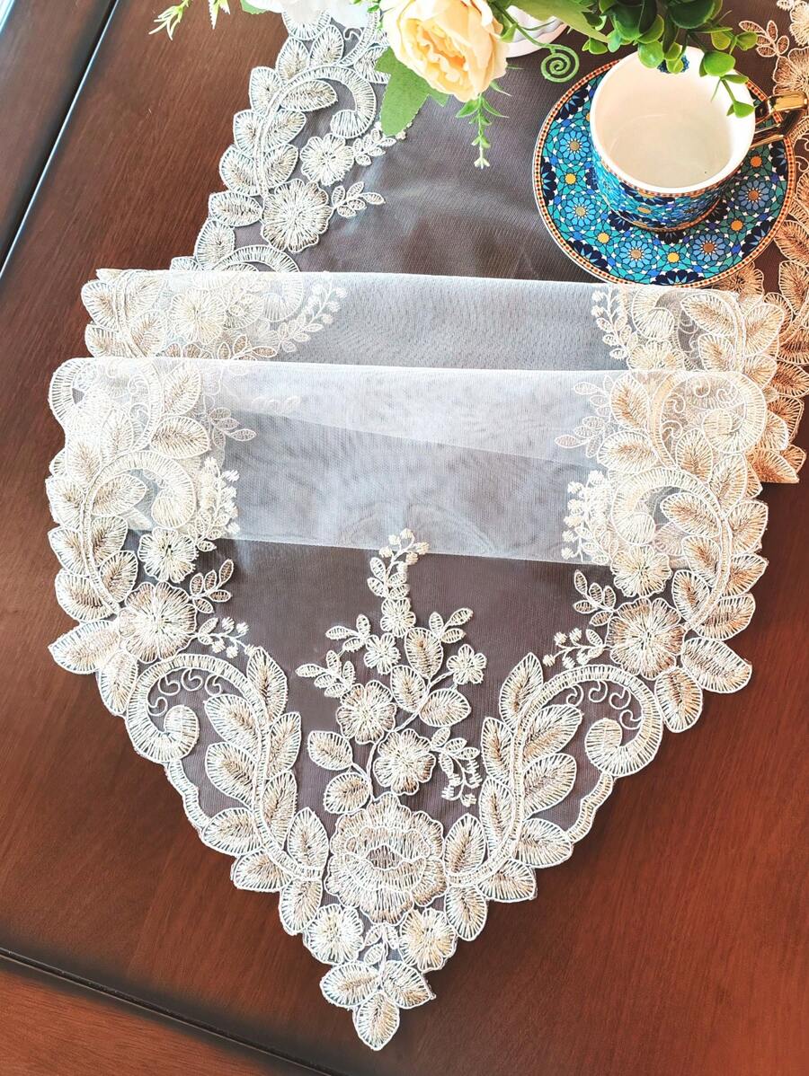 1pc 100% Polyester Mesh Fabric Table Runner, Delicate 3D Embroidery, Lace Trim, Luxurious Vintage Style, Can Be Used As Kitchen/Dining Table Runner, Placemat, Tablecloth, Picnic Mat, Gift, Home/Party/Wedding/Outdoor Decor, Available In Multiple Sizes - Multicolor - View 1